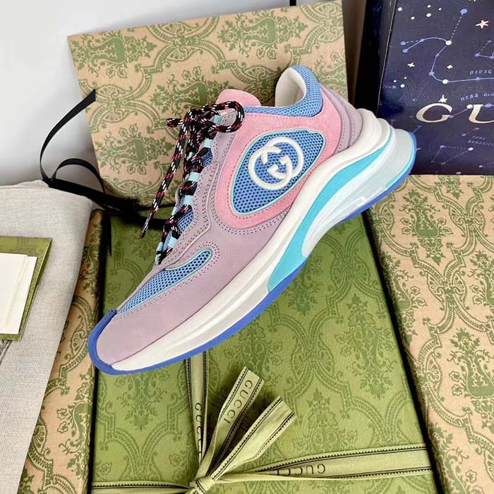 Gucci Unisex Run Sneaker Lilac Light Pink Suede Interlocking G Bi-Color Rubbe Low Heel