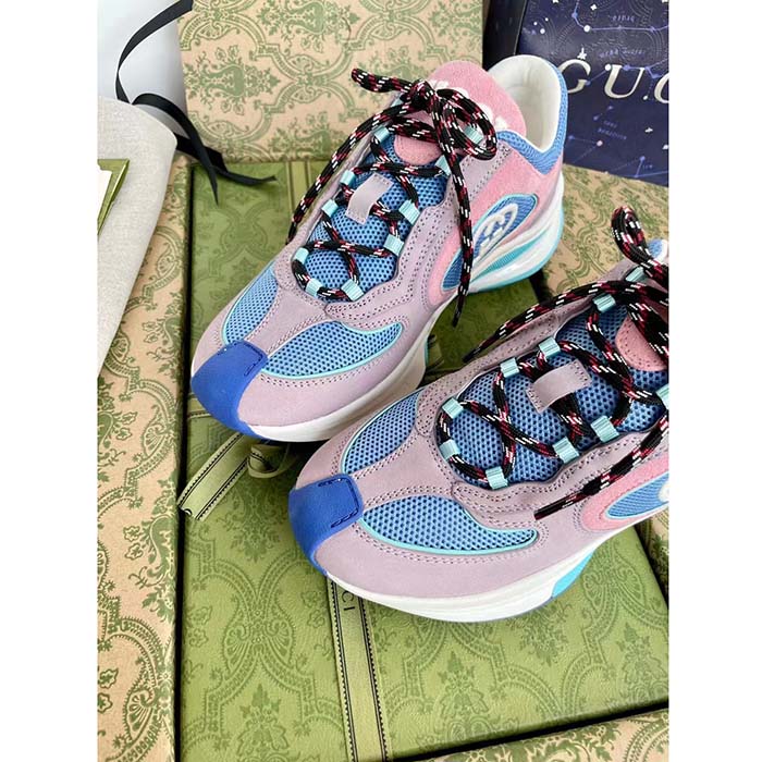 Gucci Unisex Run Sneaker Lilac Light Pink Suede Interlocking G Bi-Color Rubbe Low Heel