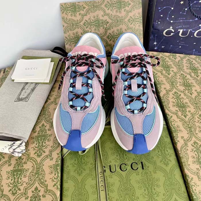 Gucci Unisex Run Sneaker Lilac Light Pink Suede Interlocking G Bi-Color Rubbe Low Heel