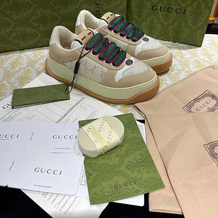 Gucci Unisex Screener Sneaker White GG Lamé Canvas Chunky Laces 4.8 CM Heel