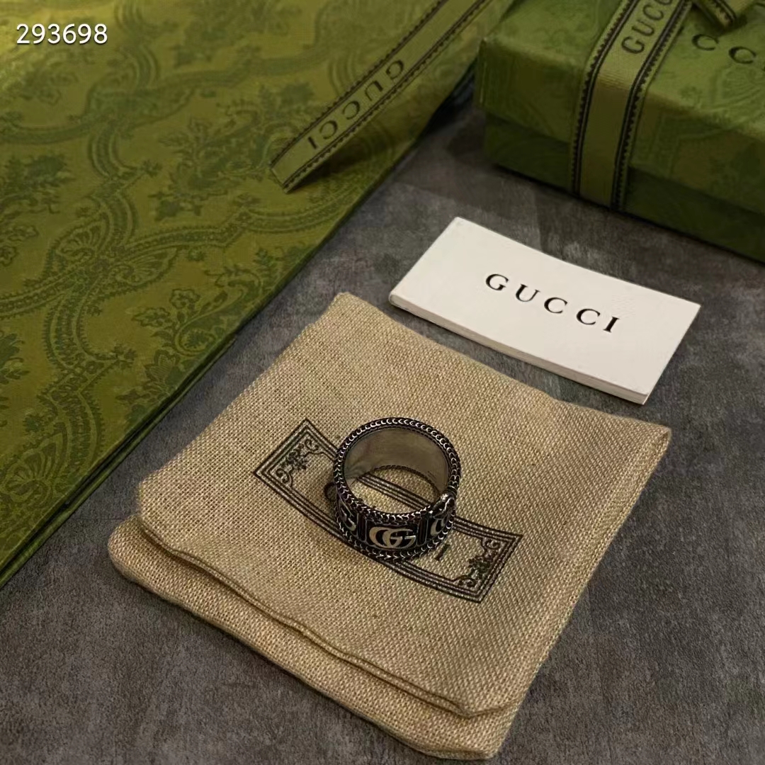 Gucci Unisex Silver Ring Double G Bi-Color 925 Sterling Silver Textured Snake-Shaped Trim