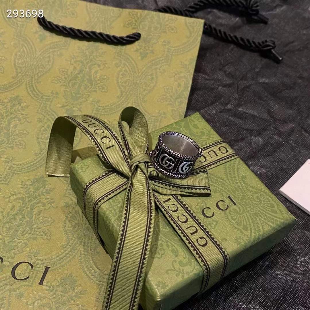Gucci Unisex Silver Ring Double G Bi-Color 925 Sterling Silver Textured Snake-Shaped Trim