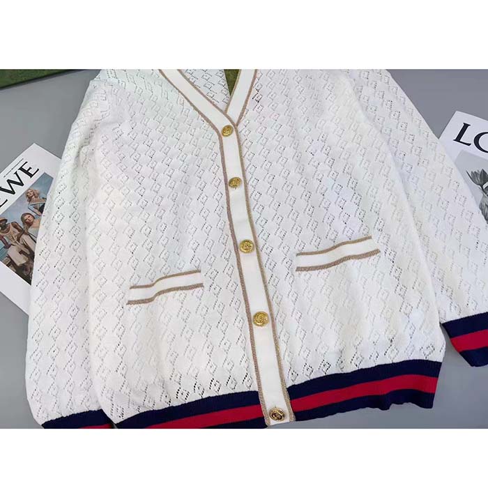 Gucci Women GG Cotton Cardigan Web Ivory G V-Neck Long Sleeves Button Closure