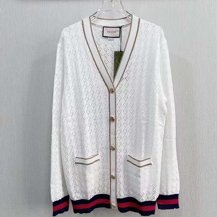 Gucci Women GG Cotton Cardigan Web Ivory G V-Neck Long Sleeves Button Closure