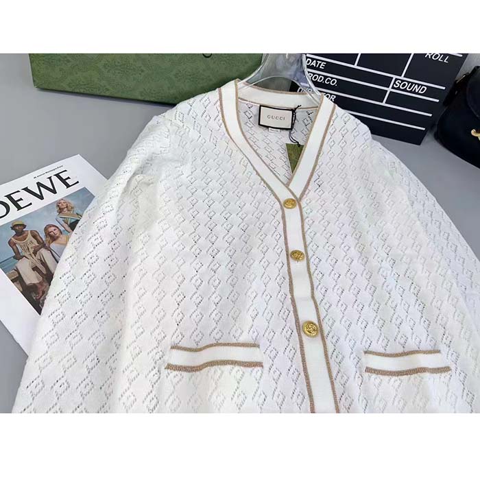 Gucci Women GG Cotton Cardigan Web Ivory G V-Neck Long Sleeves Button Closure