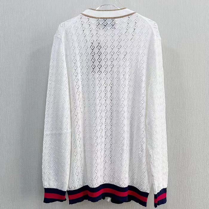 Gucci Women GG Cotton Cardigan Web Ivory G V-Neck Long Sleeves Button Closure