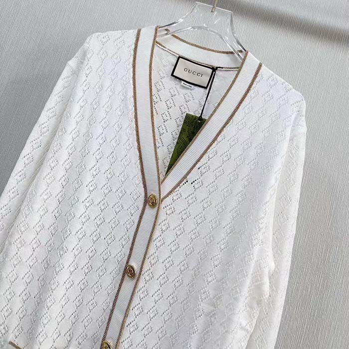 Gucci Women GG Cotton Cardigan Web Ivory G V-Neck Long Sleeves Button Closure