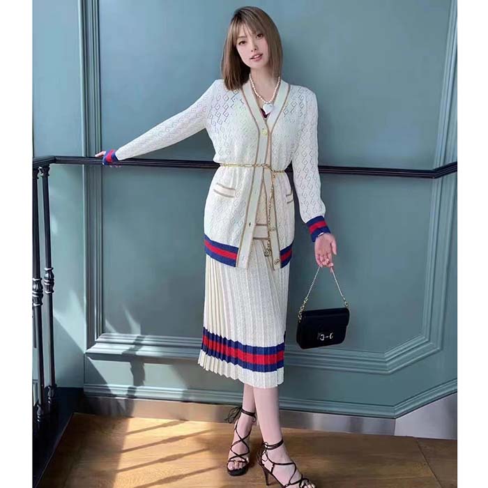 Gucci Women GG Cotton Cardigan Web Ivory G V-Neck Long Sleeves Button Closure