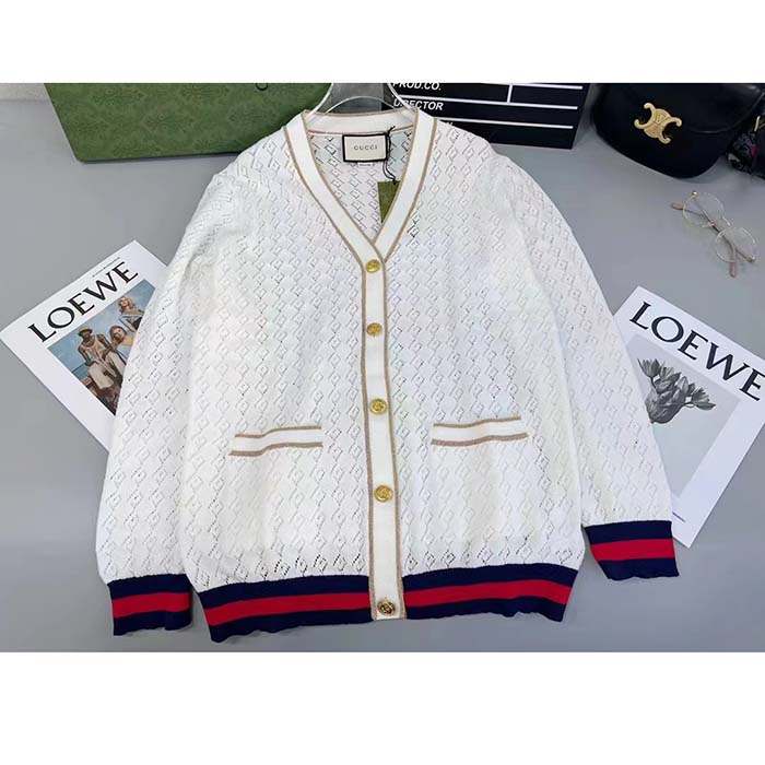Gucci Women GG Cotton Cardigan Web Ivory G V-Neck Long Sleeves Button Closure