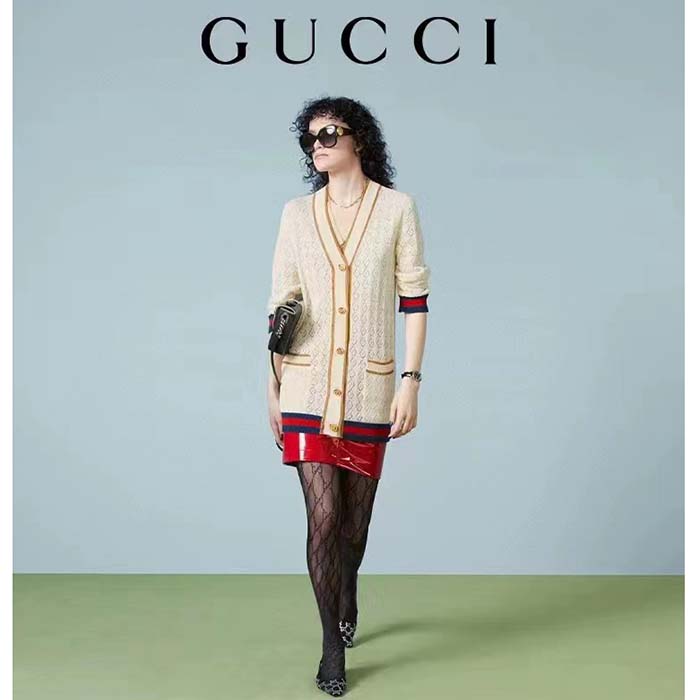 Gucci Women GG Cotton Cardigan Web Ivory G V-Neck Long Sleeves Button Closure