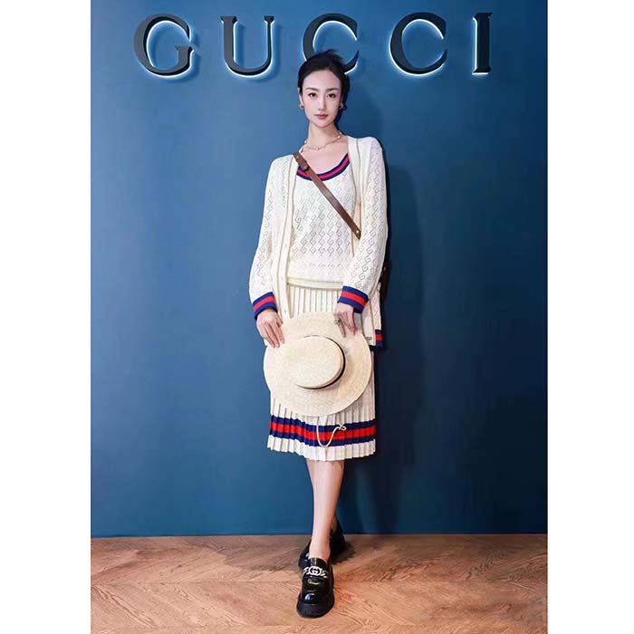 Gucci Women GG Cotton Cardigan Web Ivory G V-Neck Long Sleeves Button Closure