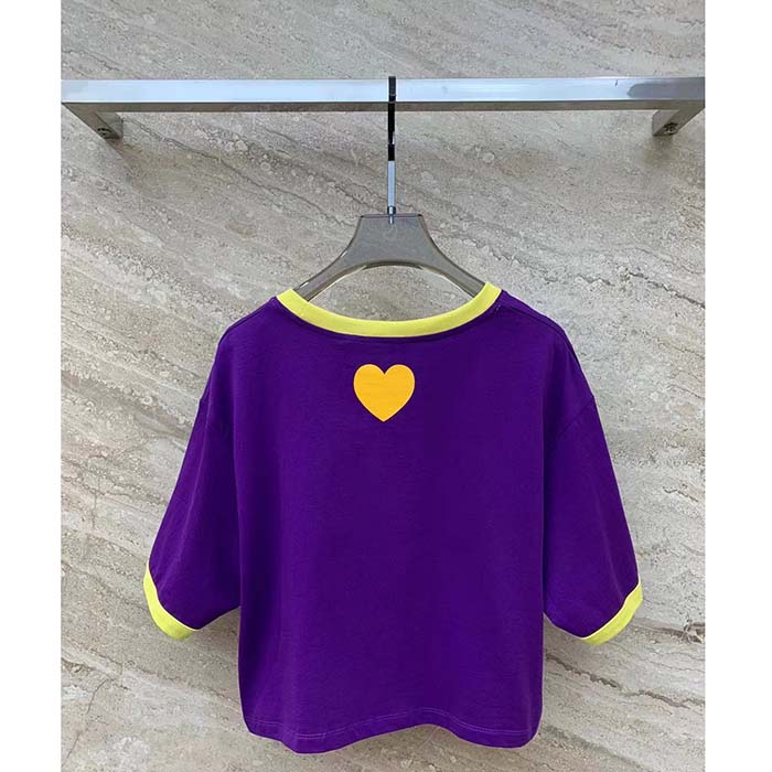 Gucci Men GG Cotton Jersey Cropped T-Shirt Violet Medium Heart Patch Crewneck Short Sleeves