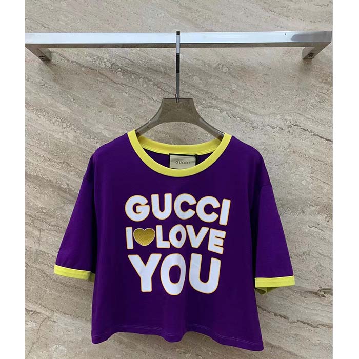 Gucci Men GG Cotton Jersey Cropped T-Shirt Violet Medium Heart Patch Crewneck Short Sleeves