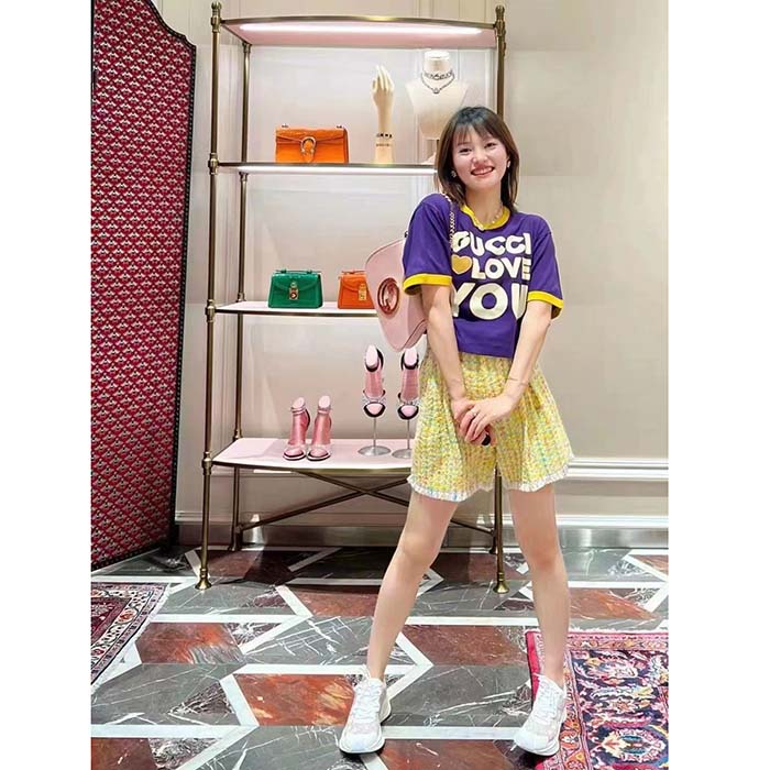 Gucci Women GG Cotton Jersey Cropped T-Shirt Violet Medium Heart Patch Crewneck Short Sleeves