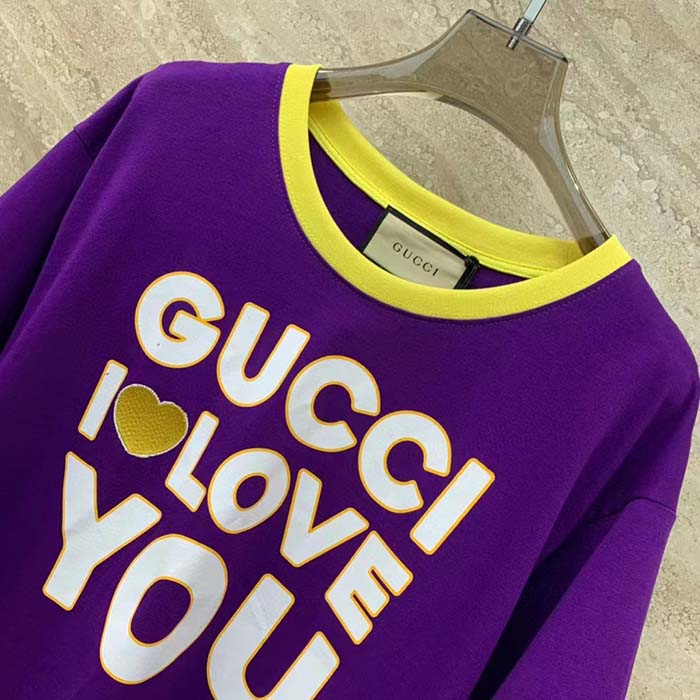 Gucci Men GG Cotton Jersey Cropped T-Shirt Violet Medium Heart Patch Crewneck Short Sleeves