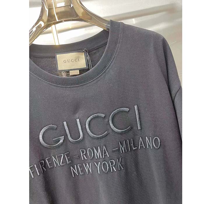 Gucci Women GG Cotton Jersey T-Shirt Black Heavy Cities Embroidery Crewneck Short Sleeves Oversize Fit