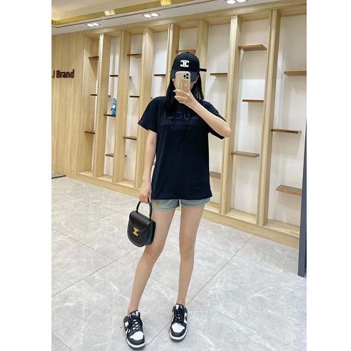 Gucci Women GG Cotton Jersey T-Shirt Black Heavy Cities Embroidery Crewneck Short Sleeves Oversize Fit