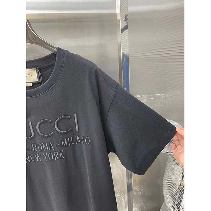 Gucci Men GG Cotton Jersey T-Shirt Black Heavy Cities Embroidery Crewneck Short Sleeves Oversize Fit