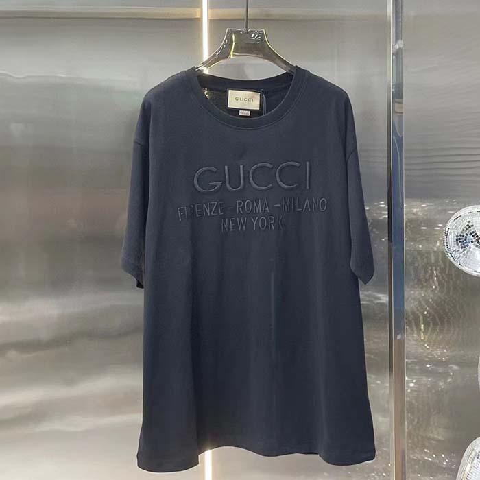 Gucci Men GG Cotton Jersey T-Shirt Black Heavy Cities Embroidery Crewneck Short Sleeves Oversize Fit
