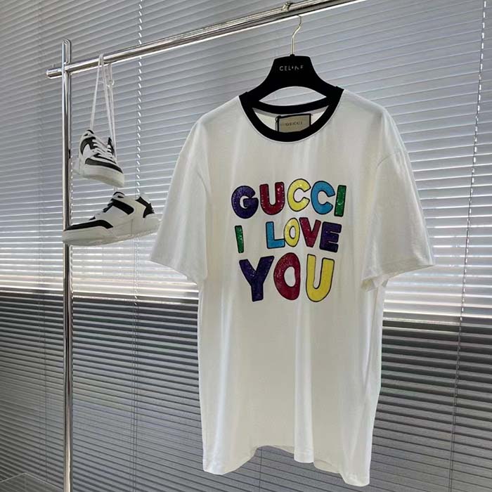 Gucci Women GG Cotton Jersey T-Shirt Embroidery Off White Crewneck Short Sleeves