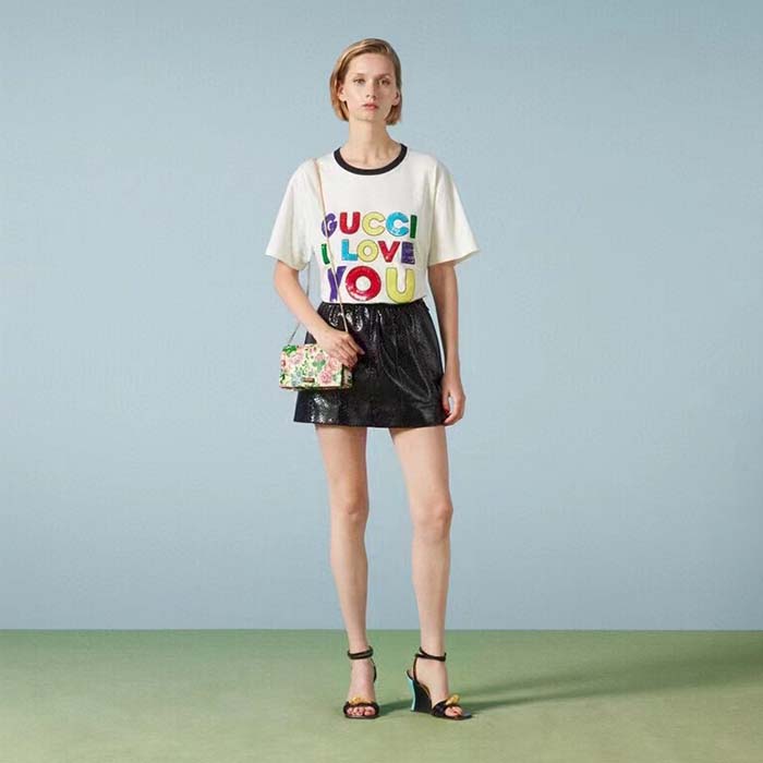 Gucci Women GG Cotton Jersey T-Shirt Embroidery Off White Crewneck Short Sleeves