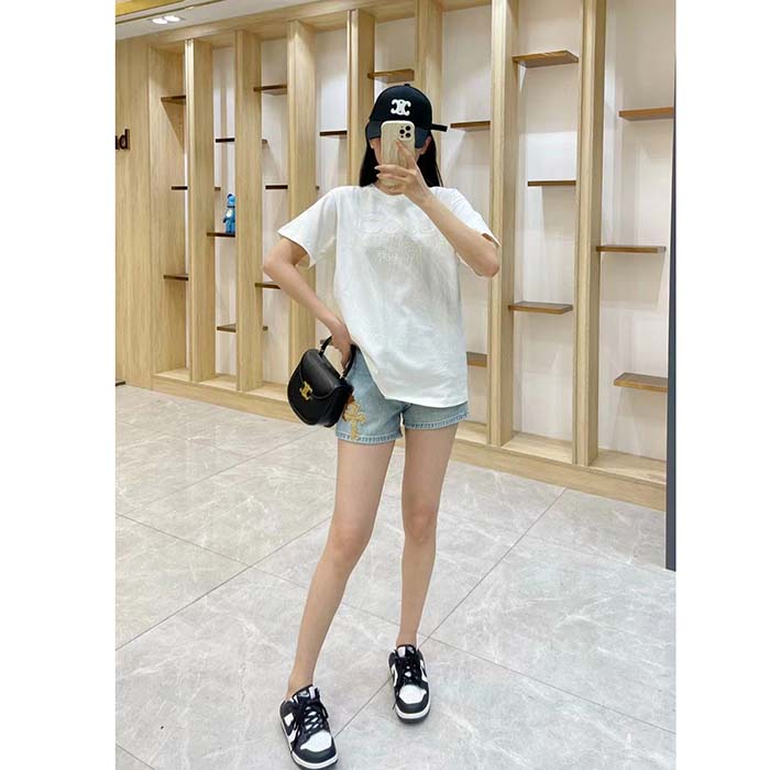 Gucci Women GG Cotton Jersey T-Shirt Off White Heavy Cities Embroidery Crewneck Short Sleeves Oversize Fit