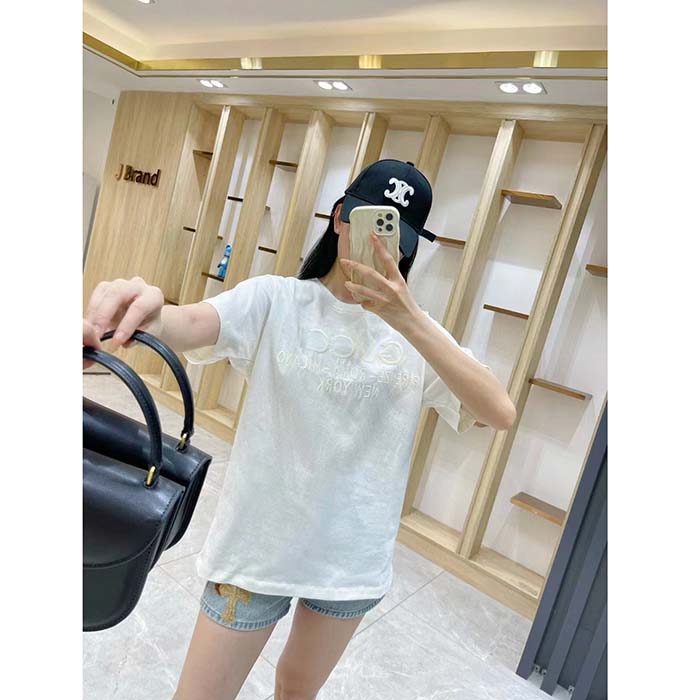 Gucci Women GG Cotton Jersey T-Shirt Off White Heavy Cities Embroidery Crewneck Short Sleeves Oversize Fit