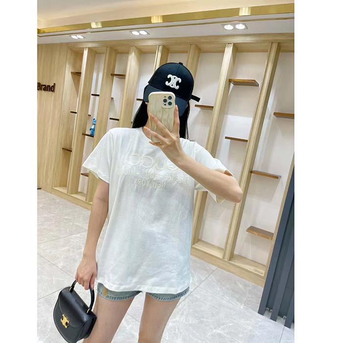Gucci Women GG Cotton Jersey T-Shirt Off White Heavy Cities Embroidery Crewneck Short Sleeves Oversize Fit