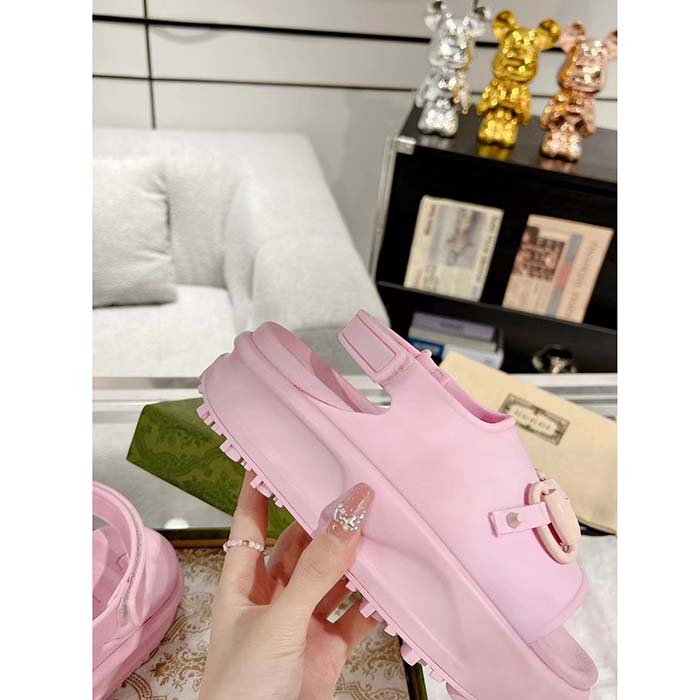 Gucci Women GG Horsebit Flatform Sandal Light Pink Rubber Plastic Horsebit