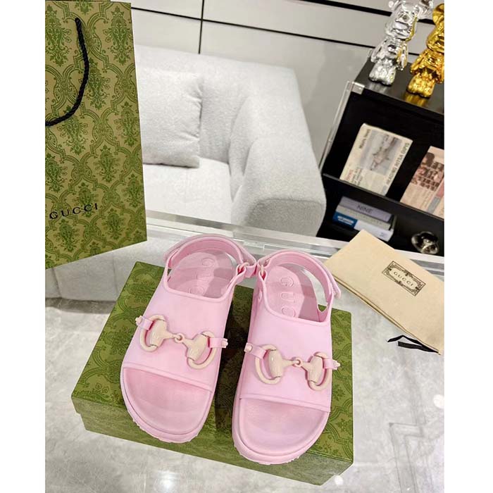 Gucci Women GG Horsebit Flatform Sandal Light Pink Rubber Plastic Horsebit