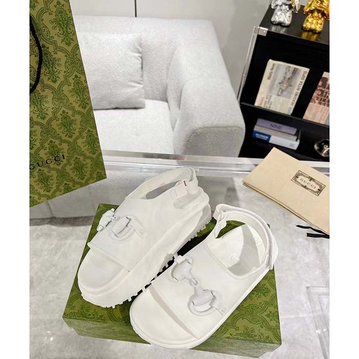 Gucci Women GG Horsebit Flatform Sandal White Rubber Plastic Horsebit Velcro Strap Closure