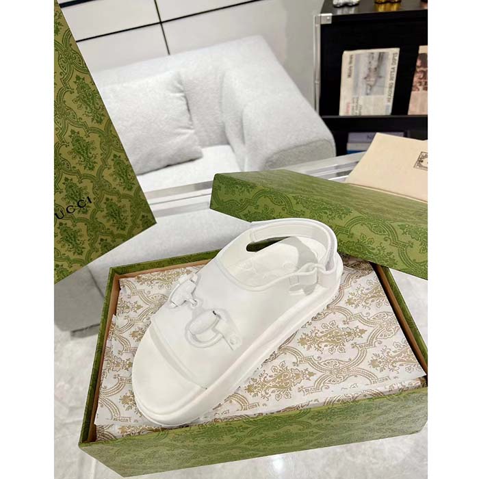 Gucci Women GG Horsebit Flatform Sandal White Rubber Plastic Horsebit Velcro Strap Closure