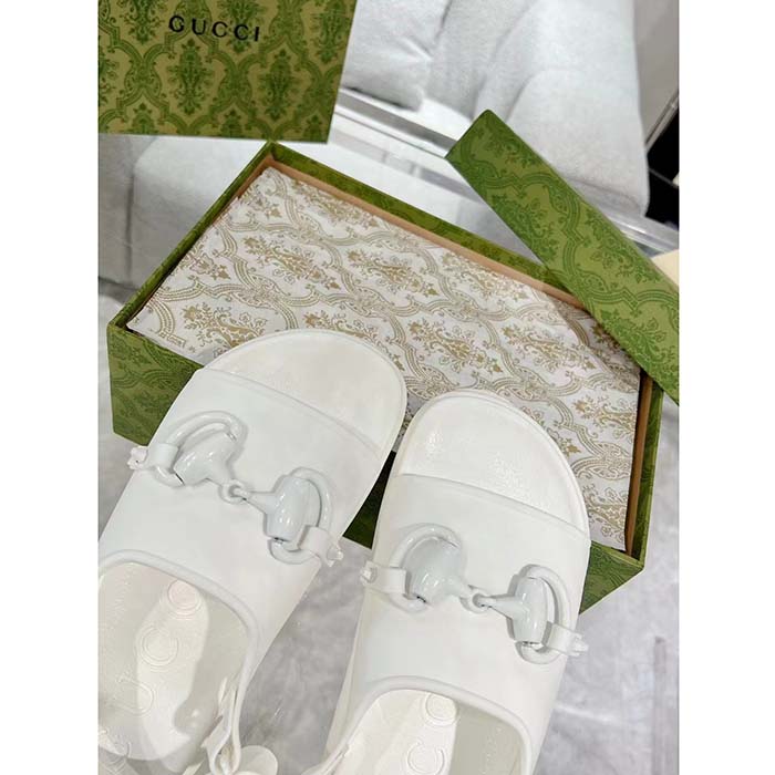 Gucci Women GG Horsebit Flatform Sandal White Rubber Plastic Horsebit Velcro Strap Closure