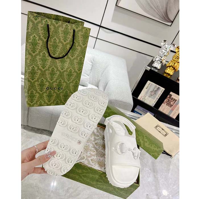 Gucci Women GG Horsebit Flatform Sandal White Rubber Plastic Horsebit Velcro Strap Closure