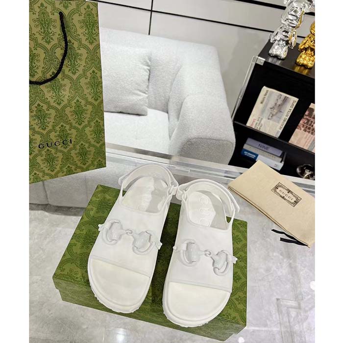Gucci Women GG Horsebit Flatform Sandal White Rubber Plastic Horsebit Velcro Strap Closure