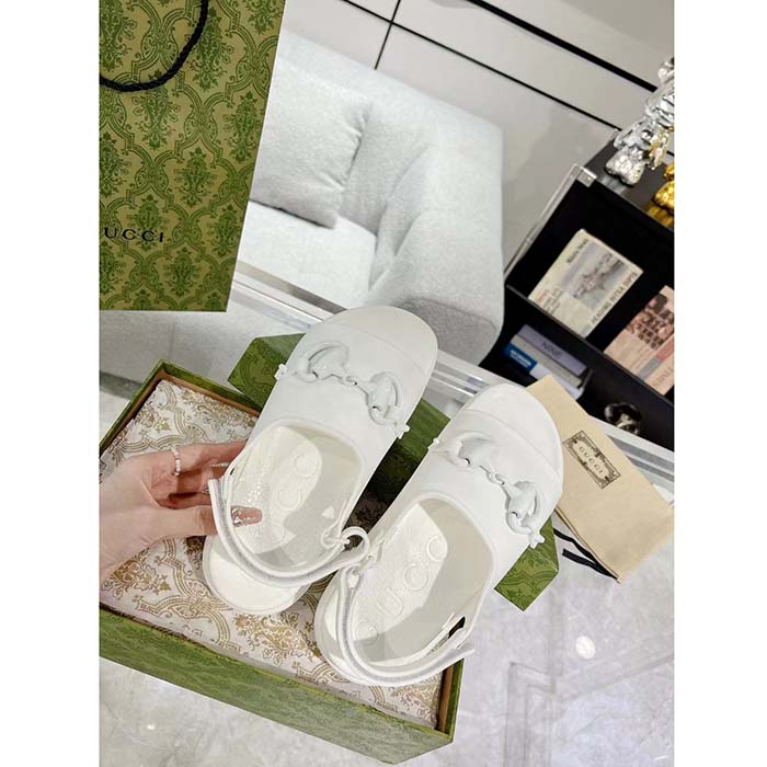 Gucci Women GG Horsebit Flatform Sandal White Rubber Plastic Horsebit Velcro Strap Closure