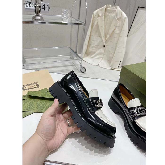 Gucci Women GG Interlocking G Chain Loafer Black White Leather Lug Rubber Sole Flat