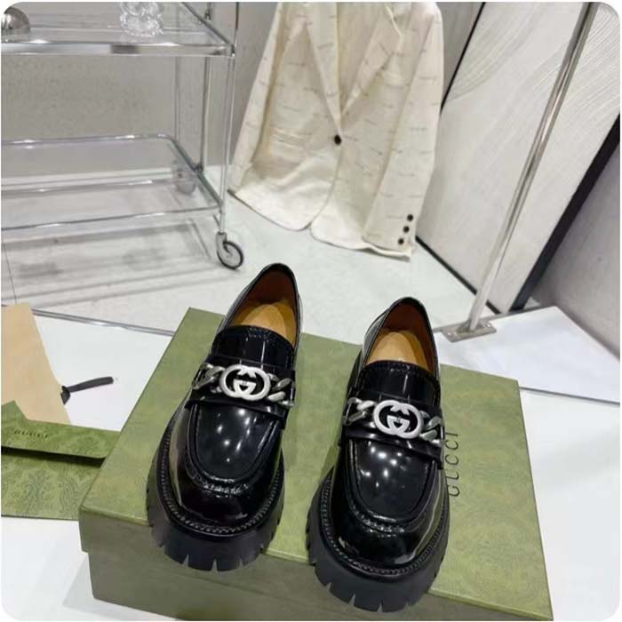 Gucci Women GG Interlocking G Lug Sole Loafer Black Leather Rubber Flat 1.5 CM Heel