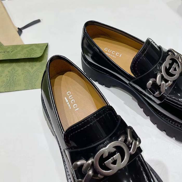 Gucci Women GG Interlocking G Lug Sole Loafer Black Leather Rubber Flat 1.5 CM Heel