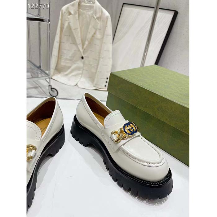 Gucci Women GG Interlocking G Lug Sole Loafer White Leather Rubber Flat 1.5 CM Heel