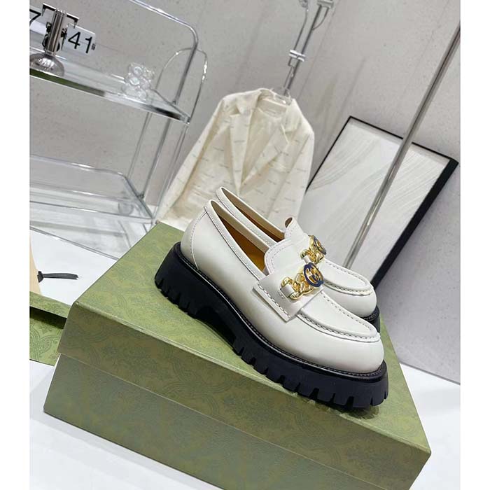 Gucci Women GG Interlocking G Lug Sole Loafer White Leather Rubber Flat 1.5 CM Heel