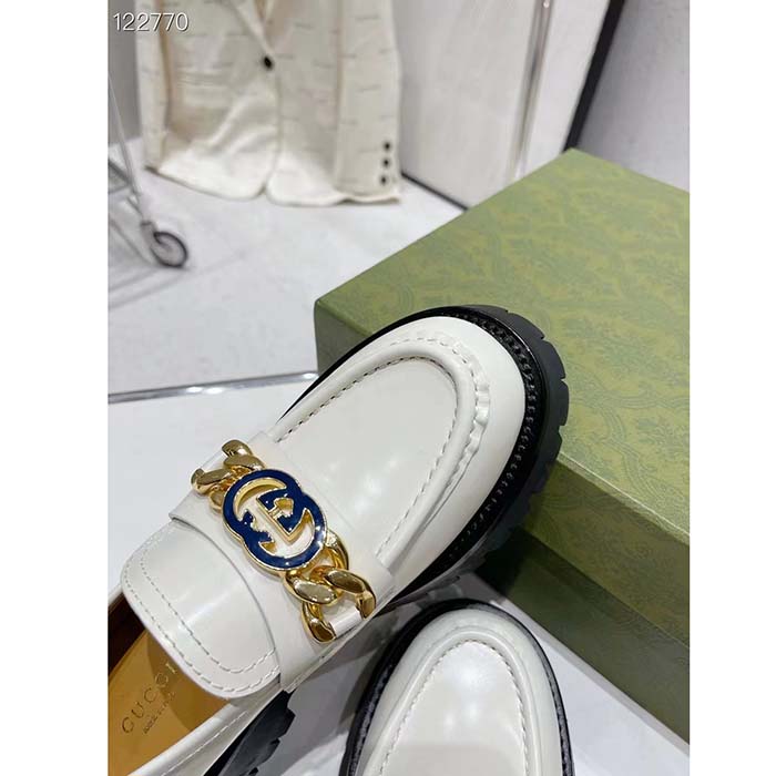 Gucci Women GG Interlocking G Lug Sole Loafer White Leather Rubber Flat 1.5 CM Heel