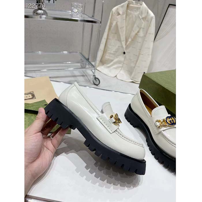Gucci Women GG Interlocking G Lug Sole Loafer White Leather Rubber Flat 1.5 CM Heel