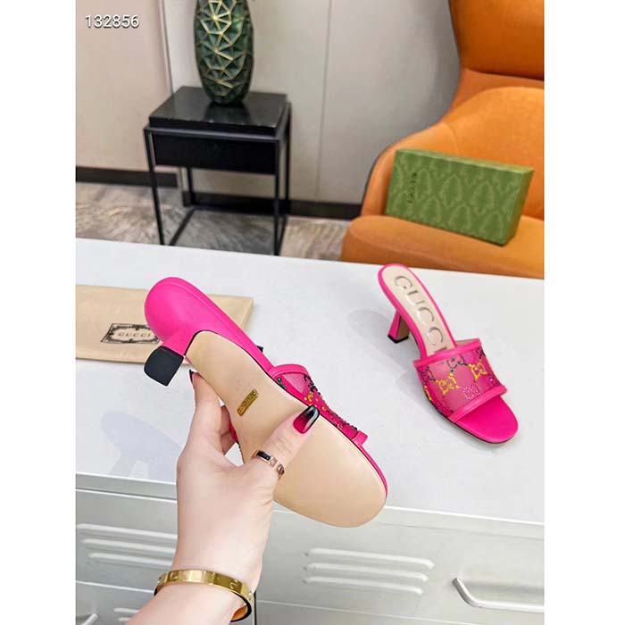 Gucci Women GG Mid Heel Slide Sandal Fuchsia GG Crystal Mesh 7.4 CM Heel