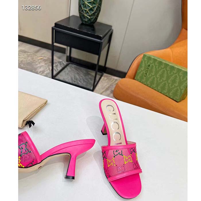 Gucci Women GG Mid Heel Slide Sandal Fuchsia GG Crystal Mesh 7.4 CM Heel