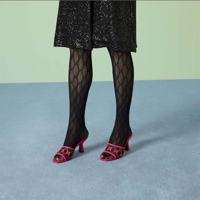 Gucci Women GG Mid Heel Slide Sandal Fuchsia GG Crystal Mesh 7.4 CM Heel
