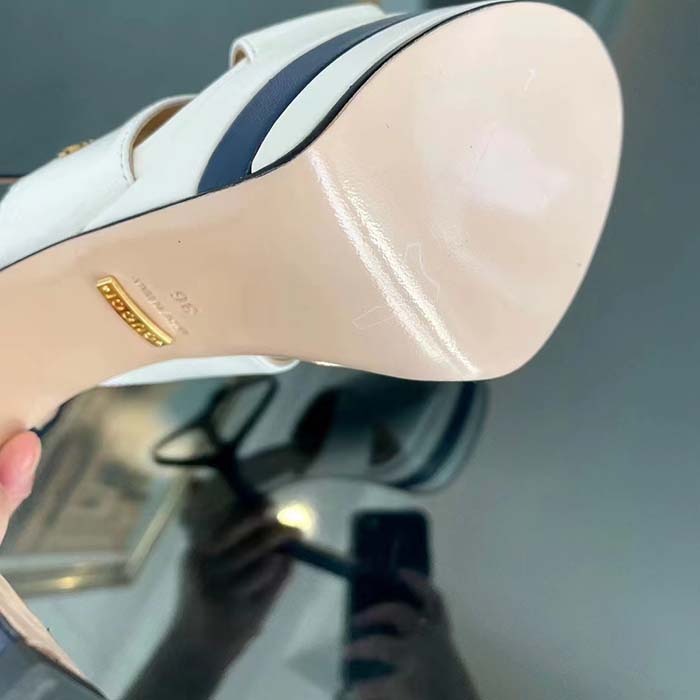 Gucci Women GG Platform Sandal Off White Blue Navy Leather High 13 CM Heel