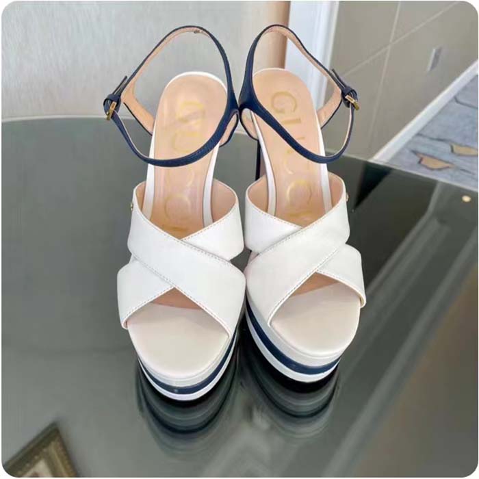 Gucci Women GG Platform Sandal Off White Blue Navy Leather High 13 CM Heel