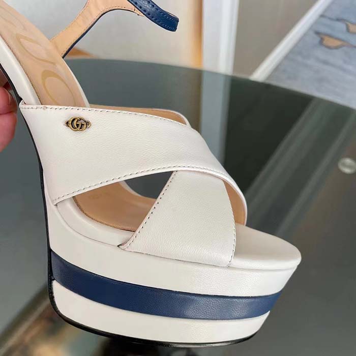 Gucci Women GG Platform Sandal Off White Blue Navy Leather High 13 CM Heel