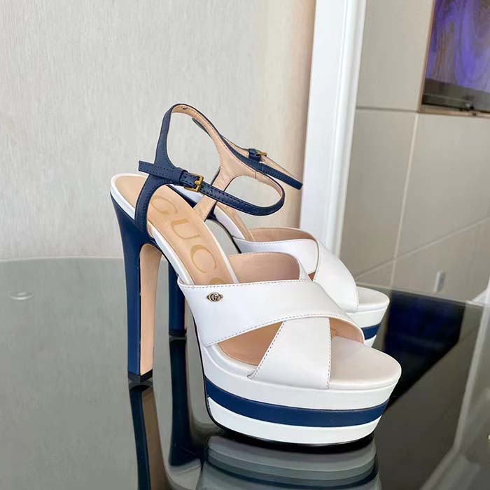 Gucci Women GG Platform Sandal Off White Blue Navy Leather High 13 CM Heel